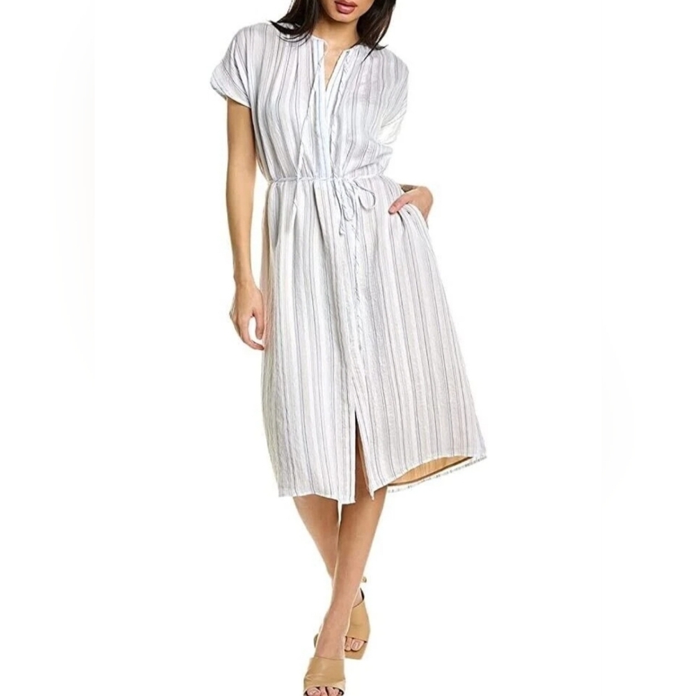 Vince 1X 2X Midi Dress White Blue Drapey Stripe Shirred Short Sleeve New NWT